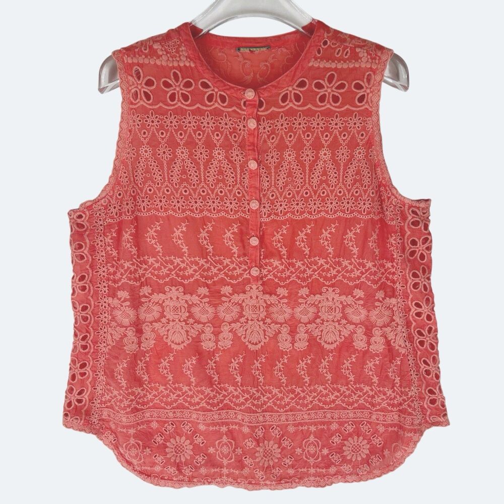 Johnny Was Size M Sleeveless V-Neck Top Embroidered Eyelet Coral Pink Turia Tank